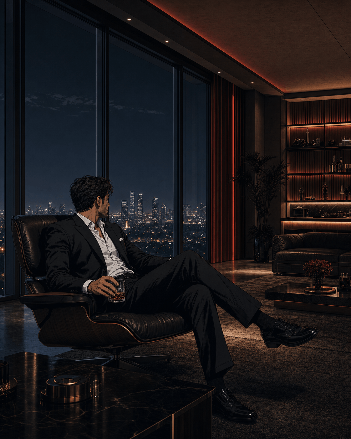 A man in a black suit sits in a leather chair in a dark penthouse at night, a glass in hand, looking out floor-to-ceiling windows over a glowing city skyline.