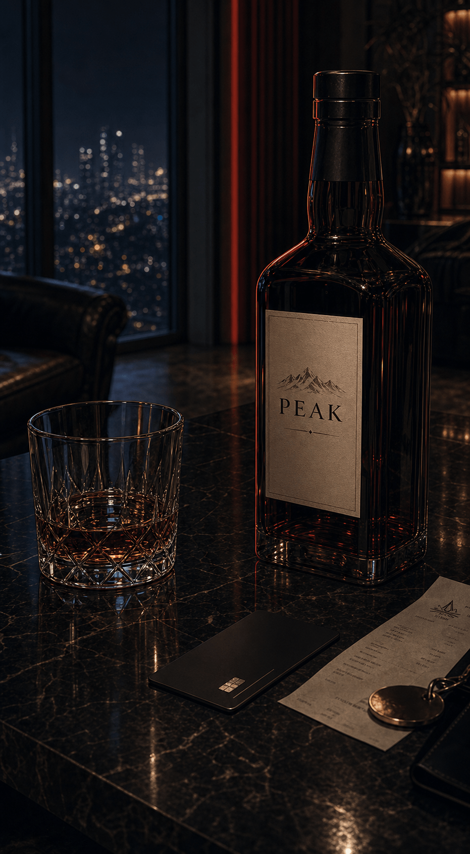 A whisky bottle labelled PEAK on a marble counter with a poured glass, a matte black card and a gold pocket watch, the city out of focus behind.