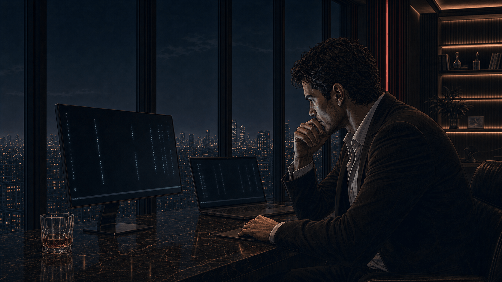 In a dark penthouse at night, a man in a suit sits at his desk, chin resting on his hand, staring at his monitors as the city glows through the windows. A whisky glass sits by his laptop. His expression has changed: for the first time, he is watching, not winning.