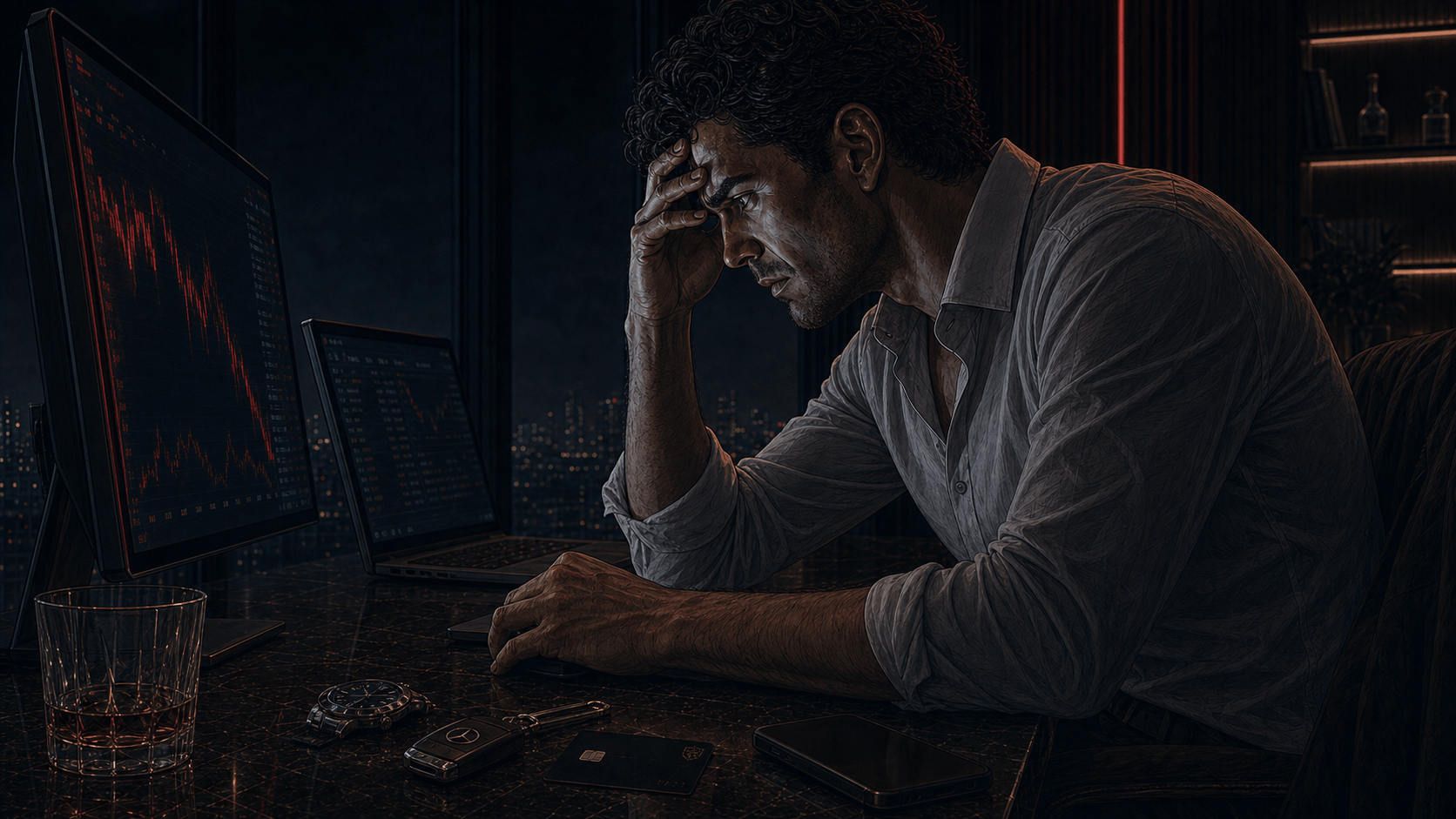 In a nearly dark penthouse, a man in a white shirt sits at his desk, one hand pressed to his bowed forehead, eyes down. Red lines fall across the monitors beside him. A whisky glass and his phone sit on the desk, forgotten.
