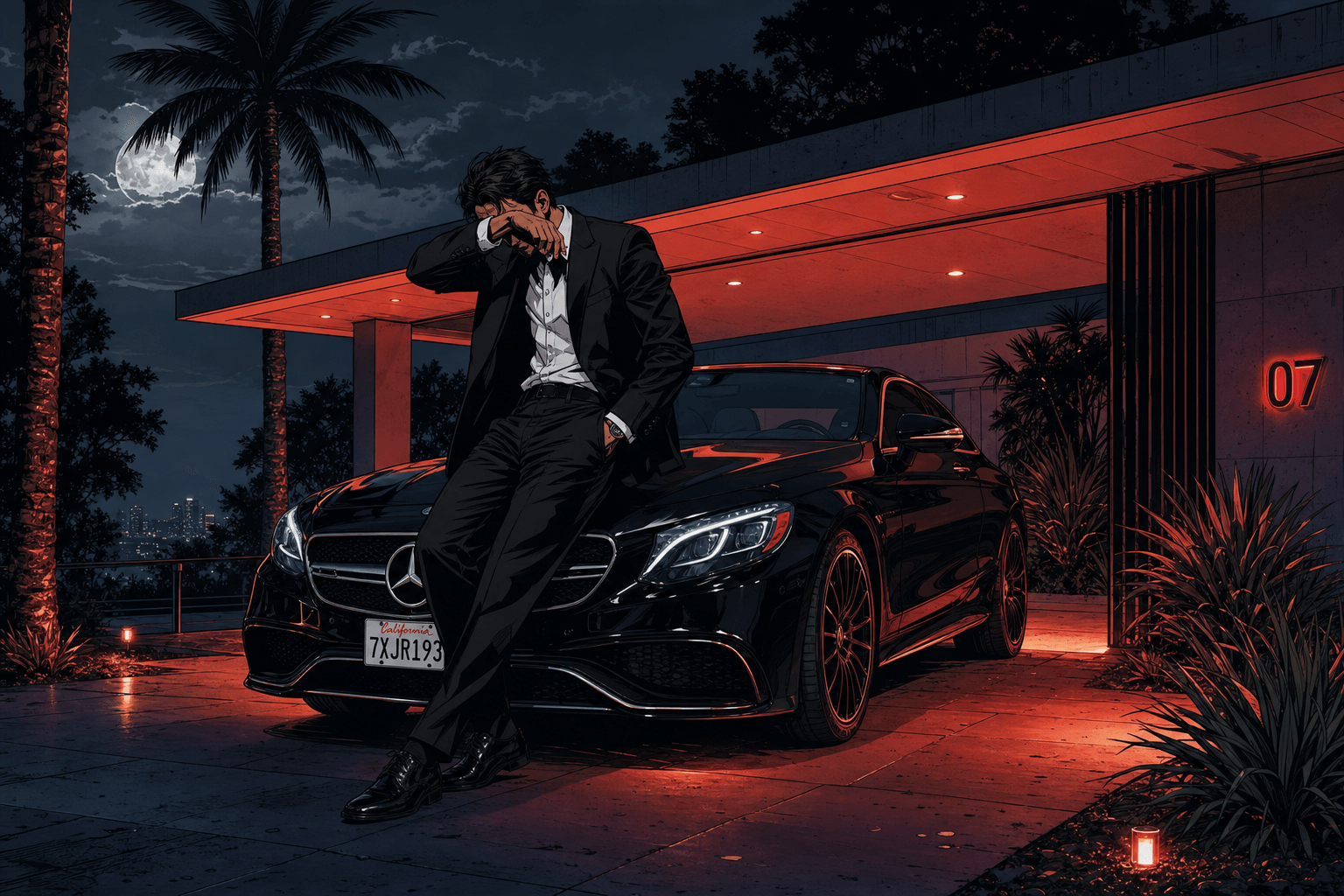 A man in a black suit leans against a black Mercedes outside a red-lit modern carport at night, one arm covering his face, a palm and full moon behind him.