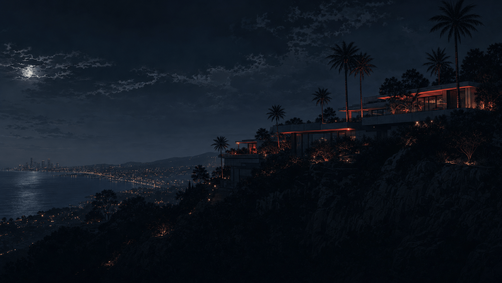 A dark clifftop luxury villa at night, warm red architectural light and palms above a moonlit coastline, the city glittering far below.